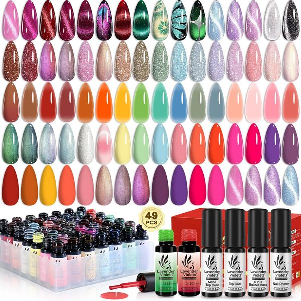 Lavender Violets 49 PCS Gel Nail Polish Set 45 Colors Cat Eye Reflective Glit...