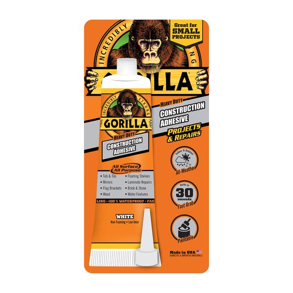 Gorilla Heavy Duty Construction Adhesive, 2.5 Ounce Squeeze Tube, White, (Pack of 1)