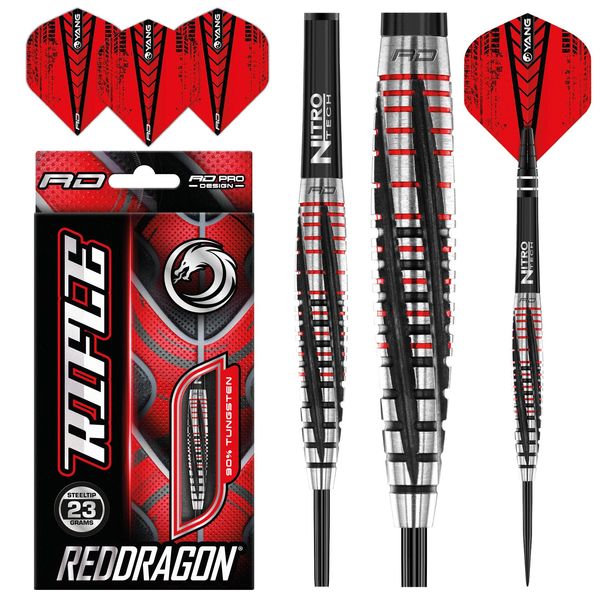 RED DRAGON Rifle 23 Gram Premium Tungsten Steeltip Darts Set with Flights and Stems