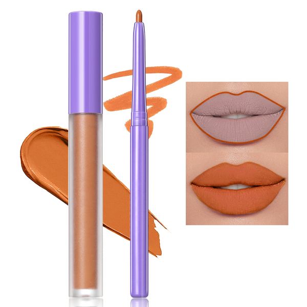 Erinde Orange Lip Liner and Lip gloss Set, Coral Non-Stick Cup Violet Lipgloss Makeup Kit, Matte Lipstick for Girls and Women, Long-Lasting, Waterproof