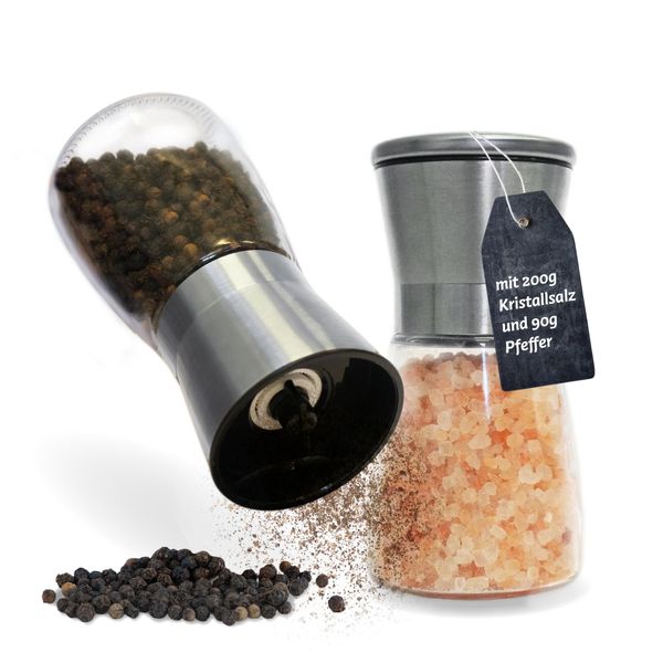 Küper Selection - Set of 2 Spice Mills - with Black Pepper and Pink Crystal Salt - Salt and Pepper Mill - 2 Spice Set - 90 g Pepper - 200 g Salt
