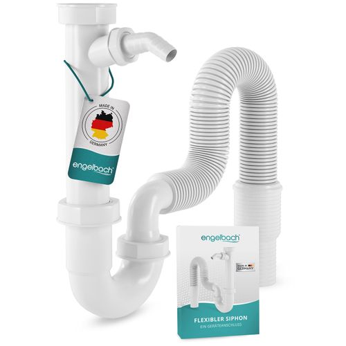 Engelbach Trap for Kitchen Sink with Flexible Drain Hose, Flexible Trap with Device Connection, Incl. Installation Video (May Not Be in English), Made in Germany