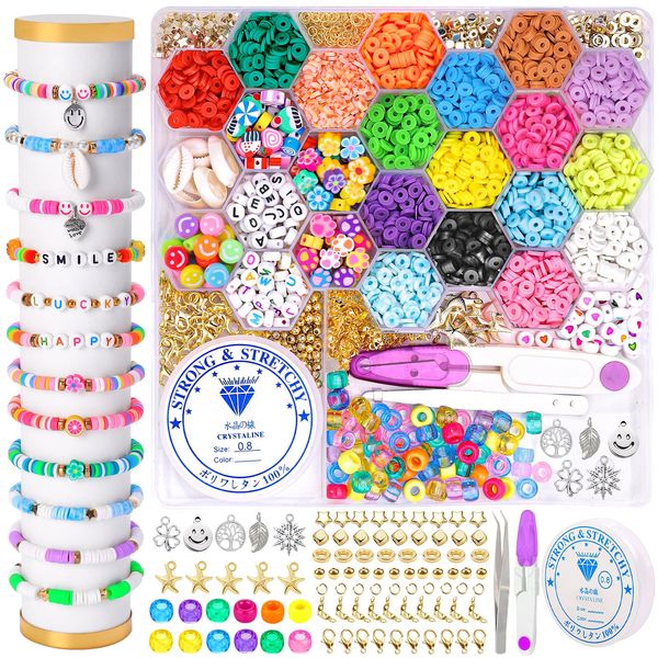 DIYDEC 2898 Pcs Clay Beads Bracelet Making Kit, 17 Colors Flat Round Clay Beads for Jewelry Making, Heishi Clay Spacer Beads with Heart Letter Polymer Clay Beads for Necklace Earring DIY Craft