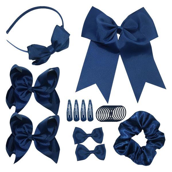 21 Pcs School Uniform Hair Accessories Grosgrain Ribbon Hair Bows Hair Clips Headband Hair Ties Ponytail Holders for Little Teen Girls Navy Blue