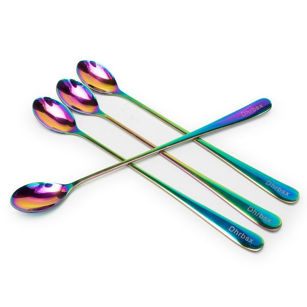 Long-handled ice tea spoon, cocktail stir spoons, stainless steel coffee spoons, Colored ice cream scoop (9 IN iridescence, Round)