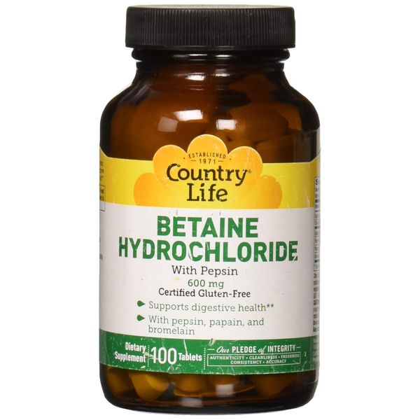 Country Life Betaine Hydrochloride with Pepsin, 600mg, 100 Tablets, Certified Gluten Free