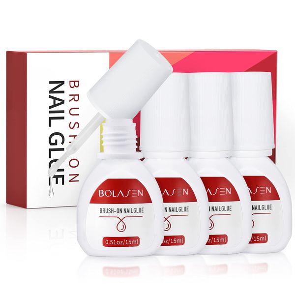 BOLASEN False Nail Glue Extra Strong(4*15ml) Super Strong Nail Glue Brush on Nail Glue for Acrylic Tips Extra Strong Acrylic Nail Glue for Broken Nails Quick Dry Professional Nail Glue for False Nails