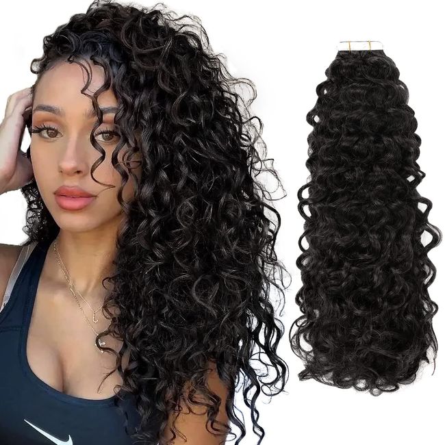 Lacerhair Black Curly Tape in Hair Extensions Human Hair Water Wave Virgin Hair for Black #1B Girl Tape in Hair Extensions Real Jerry Curly Human Hair Extensions 100g