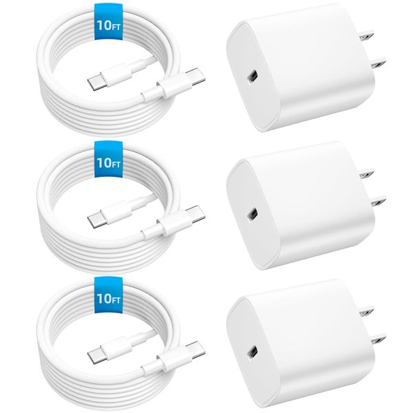 3-Pack For iPhone 16 15 Charger Fast Charging Type C Charger USB C Charger Block iPhone 16 Charger with 10FT USB C Charging Cable for iPhone 16/16 Plus/16 Pro/16 Pro Max/iPhone 15/15 Pro Max/iPad Pro