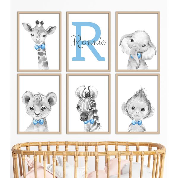 Safari Animals Boys Nursery Bedroom Unframed Poster Prints Set of 6, Personalised Name, Wall Art Decor New Baby Gift Present in Grey Blue Yellow Green, Giraffe Elephant Lion Zebra Monkey (A4)