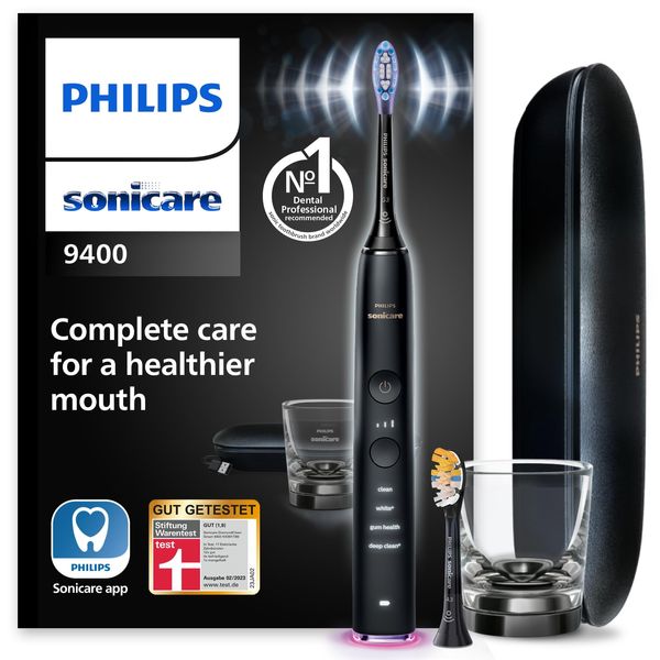 Philips Sonicare DiamondClean Smart 9400 elektrische Zahnbürste, Schallzahnbürste mit App, Drucksensor, Bürstenkopferkennung, 4 Putzmodi und 3 Intensitätsstufen, Schwarz, Modell HX9917/89