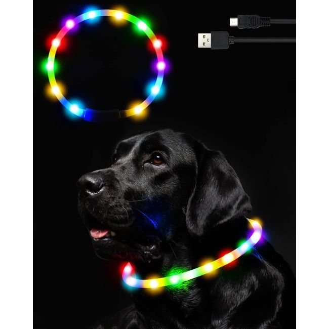 Nayouko Glowing Collar, LED Light, USB Rechargeable, Lightweight, Small Dogs, Medium Dogs, Large Dogs, Pet Supplies, 400 m (400 m), Safe for Night, Adjustable Size (Rainbow)