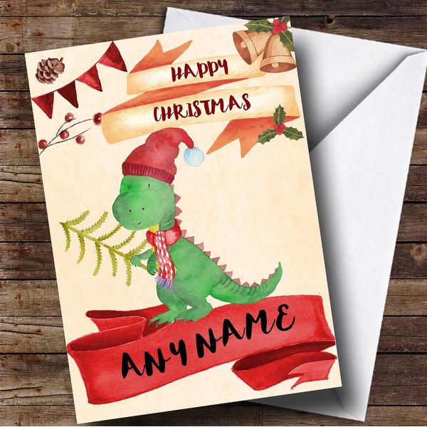 Watercolour Rustic Dinosaur Personalised Children's Christmas Card