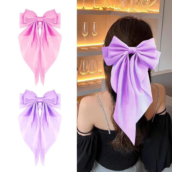 2Pcs Big Bow Hair Clips, Long Tail French Hair Bows for Women Girls, Satin Silky Bow Hair Barrette, Bow Up Accessories for Holiday day,Daily Use (Pink and Purple)