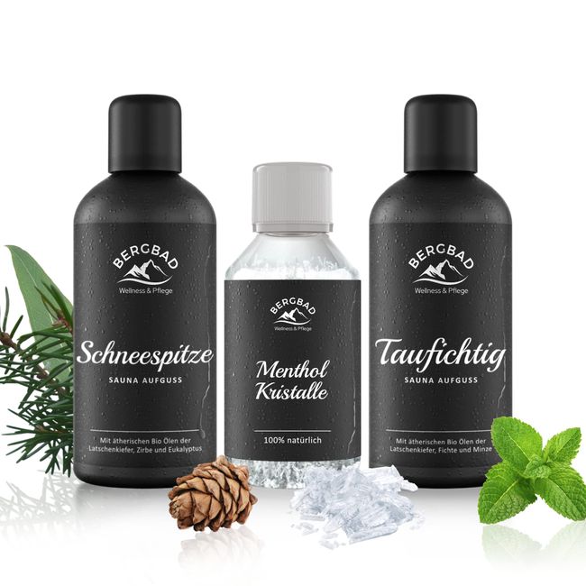 BERGBAD 2 x 100ml WALDHÜTTE Set BIO Saunaaufguss + Mentholkristalle - wohltuendes, erfrischend s Sauna Aufgussmittel mit Bio-Alkohol, Wasser und 100% BIO Ölen + Eiskristalle/Saunakristalle