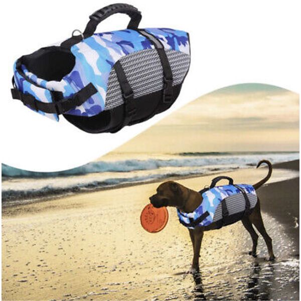 Dog Life Jacket Pet Puffy Preserver Safety Vest Puppy Camo Blue Coat Med New