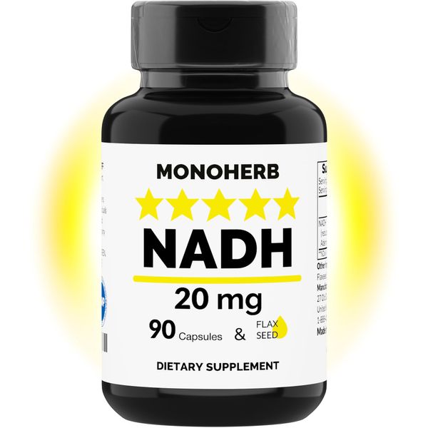 MONOHERB NADH 20 mg - 90 Vegetarian Capsules - Reduced Nicotinamide Adenine Dinucleotide Supplement - Made in USA