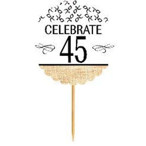 45th Birthday / Anniversary Novelty Burlap Cupcake Decoration Picks -12pack