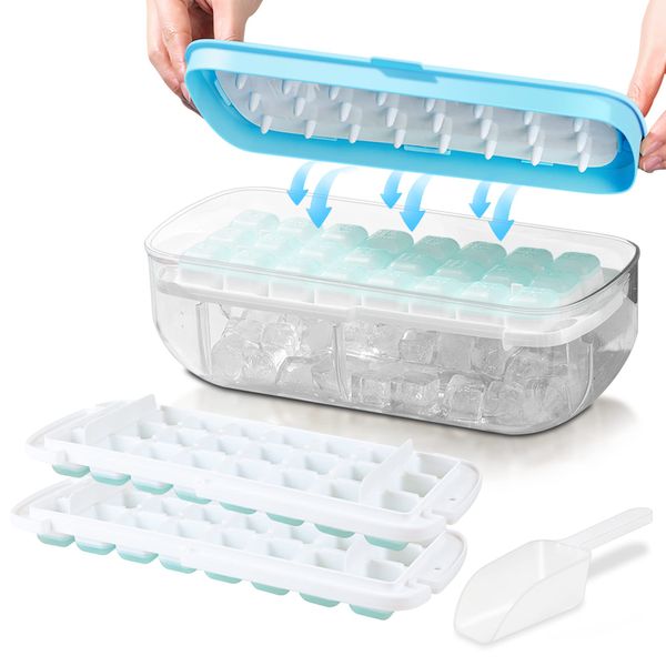 Ice Cube Tray with lid, Food-Grade Silicone Moulds, Release All Ice Cubes in One Second, Reusable 48 Ice Cube Tray(Blue)