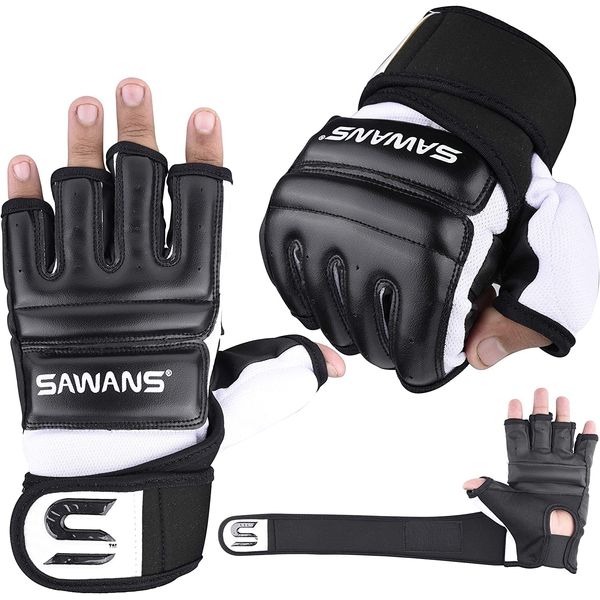 SAWANS Punch Bag Boxing Gloves Karate Mitts MMA Body Combat Taekwondo Training Martial Art Fighting Grappling Muay Thai (Black, Medium)