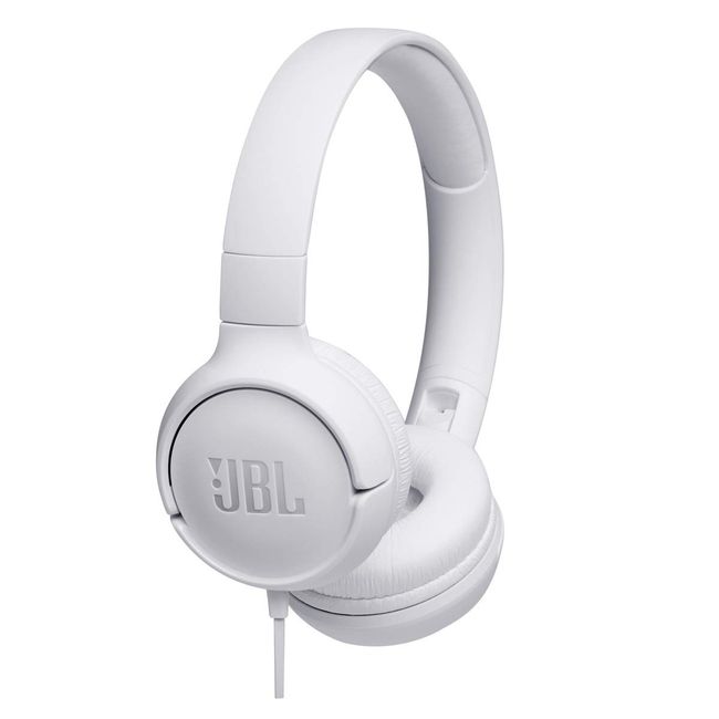 JBL Tune 500 - Wired on-ear headphones, Pure Bass Sound, 1-button remote/mic, Tangle-free flat cable, Lightweight and foldable design, Ask Siri or Google Now (White)