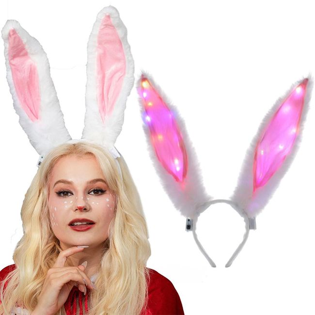 Aceorna Light Up Bunny Ears Headbands Led Glow Hair Hoop Luminous Rabbit Ears Hair Bands Furry Bunny Headpiece for Women (White Pink)