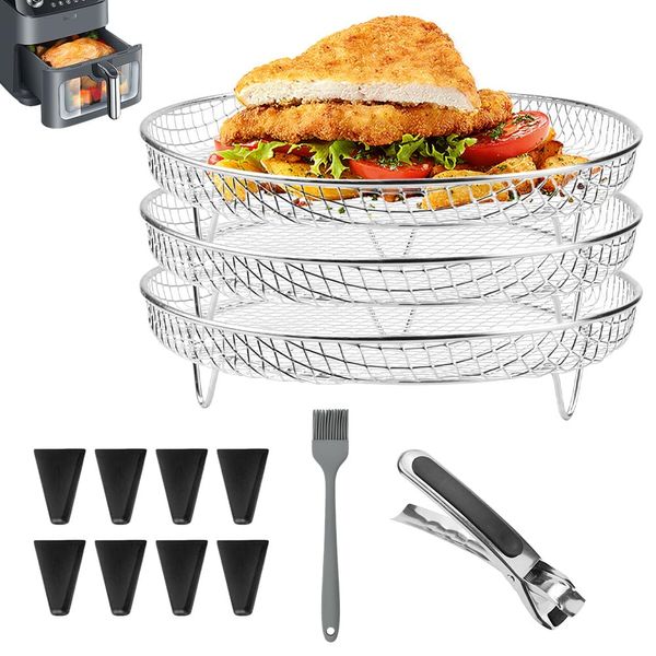 CYNNXIA Air Fryer Rack Round 3 Layer Stackable Dehydrator Racks Stainless Steel Air Fryer Basket Tray Multi-Purpose Air Fryer Accessories with Clips, Brush, Heightening Feet for Most Air Fryer Oven