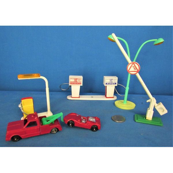 4 Piece Gas Station + Die Cast Tow Truck Wrecker & Cooper Ford Sports Car ~ 1969