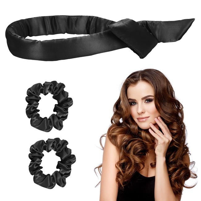 URAQT Heatless Hair Curler Band, Silk Hair Curler Ribbon, Rutschfest Heatless Lockenwickler, Hair Lockenstab Hair Rollers DIY-Styling, Locken Ohne Hitze Band mit Scrunchies für Lange Haare (Schwarz)