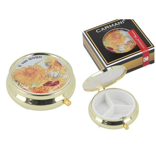 CARMANI - 3 Compartment of Pill Boxes Medicine Box Tablet Box Vitamin Holder Travel Pill Box Pill Organiser Round Metal Printed with Vincent Van Gogh, Sunflowers