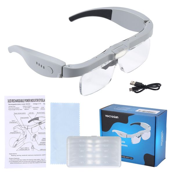 YOCTOSUN Magnifying Glasses with Light for Close Work, Head Magnifier Glasses with 3 LED Lights and 5 Detachable Lenses 0.75X,1.25X,2.0X, 3.0X and 4.0X, Eyeglasses Magnifier for Jewelry Crafts Hobby