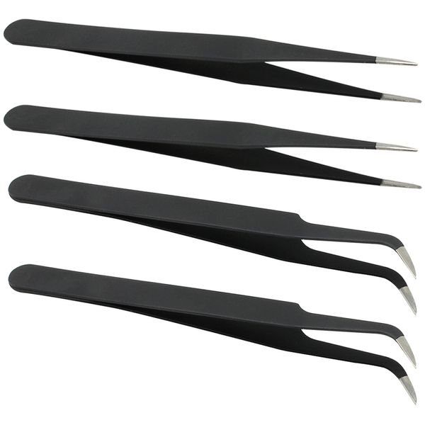 COM-FOUR® 4-Piece Tweezers Set - All-Purpose Tweezers for Home and Hobby - Straight and Curved Needle-Nose Pliers - Cosmetic Tweezers Made of Stainless Steel (4 Pieces - Tweezers)