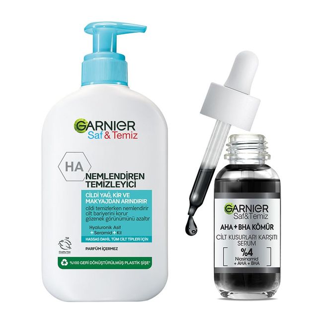 GARNIER AHA+BHA CİLT KUSURLARI KARŞITI SERUM%4 [NİASİNAMİD + PEELING ETKİLİ AHA+BHA] 30ML & Saf & Temiz Nemlendiren Temizleyici 250ml Cilt Bakım Seti