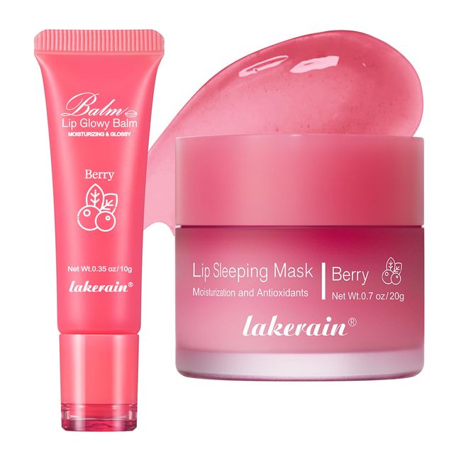 2Pcs Lip Glowy Balm and Lip Sleeping Mask Set, with 4 Flavor Options - Reduce Lip Lines, Enhance Lip Color, Hydrate & Plump Dry Chapped Lips Care (Berry)