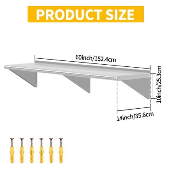 Stainless Steel Wall Mounted Shelves , Floating Shelf with Brackets 14Dx60W"