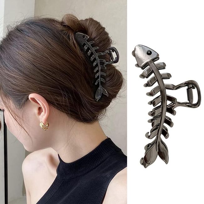 Fish Bone Hair Clips Claw Metal Black Hair Claws 1Pcs Fish Bone Shape Hair Jaw Clamps Hair Accessories Non-slips Hair Styling Catch Clips Hairpins for Women Thick or Thin Hair Decorations