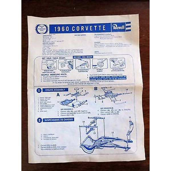 1960 Chevrolet Corvette Revell Plastic Model Kit Toy Assembly Instruction Sheet