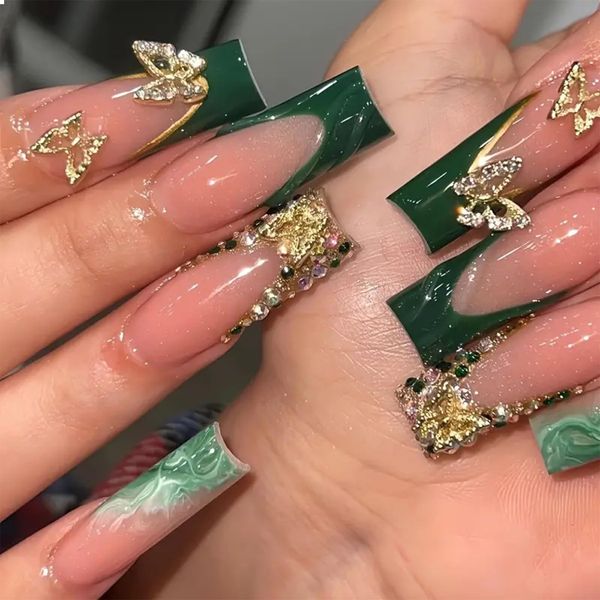 GlamRays Pack of 24 Long Press On Nails Green French Rhinestone Square False Nails with Nail Glue 3D Butterfly False Nails Glue Nail for Women