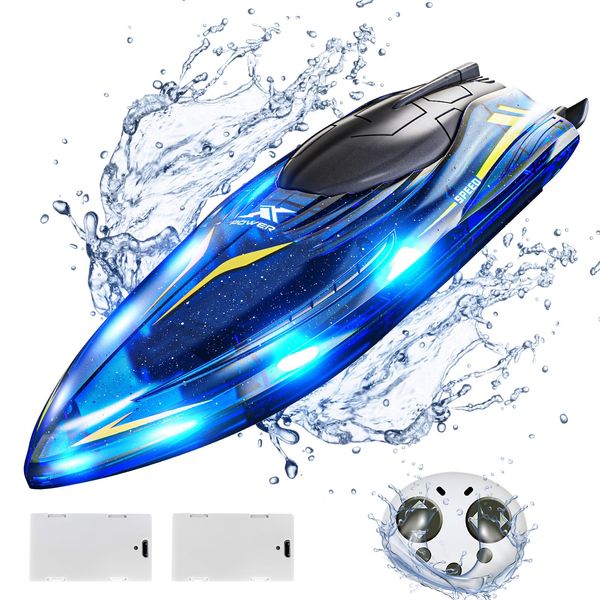 Tecnock RC Boat for Kids - 2.4GHz Remote Control Boat with Waterproof for Pools and Lakes, 360° Flip Stunt Boat Toy with LED Lights, 2 Modular Rechargeable Battery, Gifts for Boys Girls