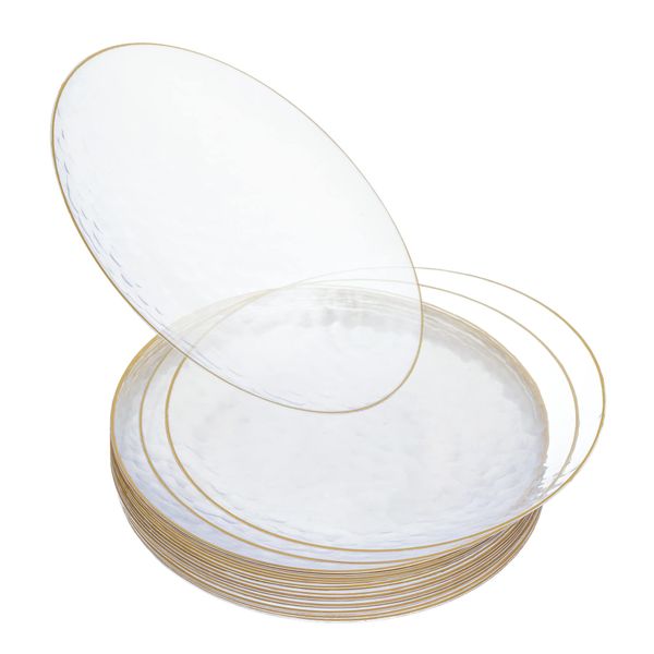 STACKABLES ~ Pack of 20 Party Plates ~ 7" Hammered Round Clear Plate with Gold Rim ~ Lightweight Elegant Reusable Dinnerware Plates Set ~ Multi Use Salad Bread & Butter Dishes