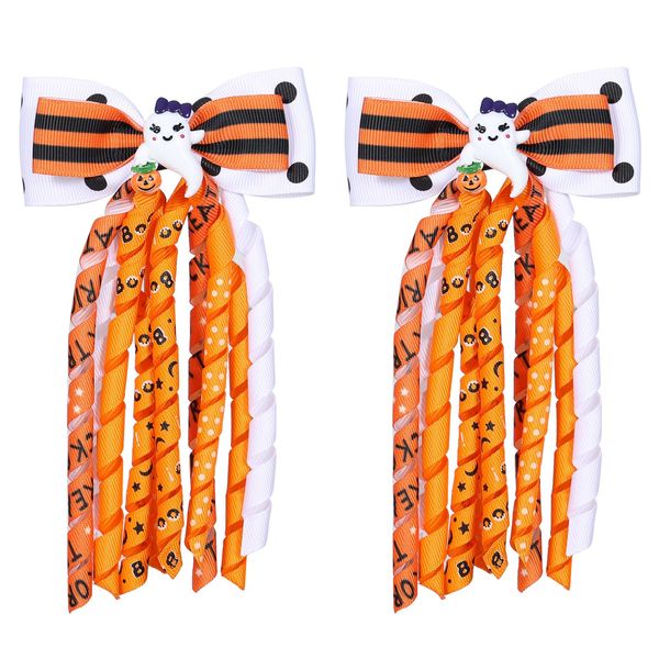 Halloween Ghost Korker Hair Bow Clips for Toddler Girls 2pc Cute Curly Corker Tassel Ribbon Cheer Barrettes Alligator Hairpin Kids Cosplay Costume Party Dress Up Decor Accessory