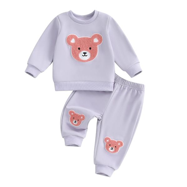 WZTYYDS Toddler Baby Girl Fall Winter Clothes Bear Embroidered Long Sleeve Sweatshirt Pants Outfits Set 2Pcs Sweatsuit (Bear-Purple, 12-18 Months)