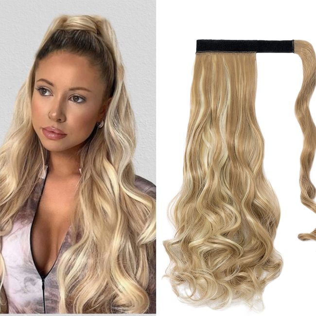 Cybelleza Pferdeschwanz Extensions Haarverlängerung Clip in Zopf Haarteil wie Echthaar Lockig Ponytail Synthetik Haar Haarverdichtung Lang Gewickelt Gewellt (Sandy Blonde & Gebleichtes Blond)