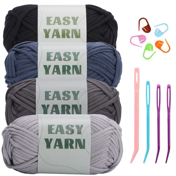 Beginners Crochet Yarn, 4 * 50g No Split Yarn, Chunky Cotton Yarn, Easy Knitting Yarn for Crocheting Knitting, Thick Bulky Cotton Yarn for Beginners(Dark Blue + Light Gray + Dark Gray + Black)