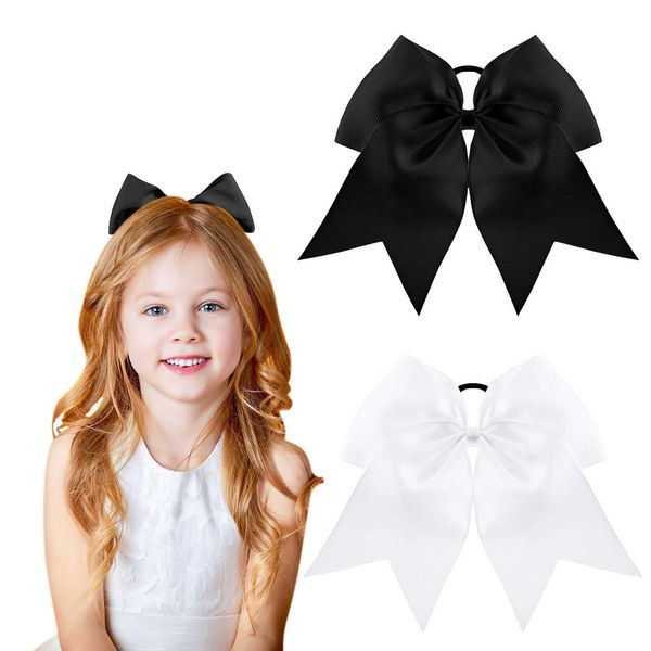 2Pcs Cheer Bows Cheer Hair Bows Ponytail Holder Elastic Band Bows Hair Accessories for Ponytail Holder Bow Scrunchies School Sports Cheerleading Girls Softball Cheerleader Bows (8inch, White & Black)