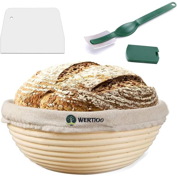 9 Inch Proofing Basket, WERTIOO Banneton Bread Proofing Basket + Bread Lame +Dough Scraper+ Linen Liner Cloth Sourdough Bread Baking Supplies