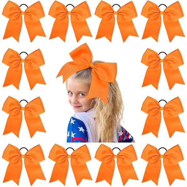 8" Large Cheer Bows Ponytail Holder 12PCS Girls Elastic Hair Ties Orange Accessories for women youth toddler football Competition Sports