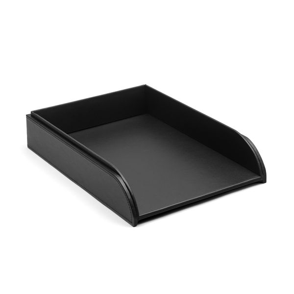 OSCO Black Faux Leather Letter Tray | A4 | Easily Stackable | Desk File Organiser | Paper Storage | Office Document Sorter | Paperwork Filing | No Risers Required | H6.3 x W24.5 x D 33.0 cm |