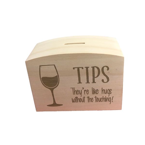 Wine Glass Bar Pub Restaurant Tips are hugs without the touching Tip Jar Wooden Money Box Reception Business Rustic Shabby Chic