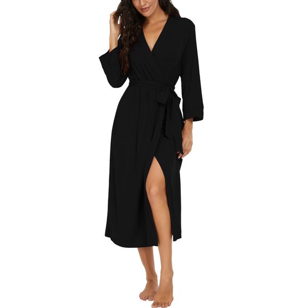 VINTATRE Women Kimono Robes Long Knit Bathrobe Lightweight Soft Knit Sleepwear V-neck Casual Ladies Loungewear Black-Large